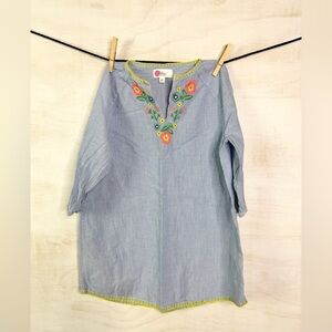 Boden Blue and White Tunic with Bright Floral Embroidery, elastic cuffs.